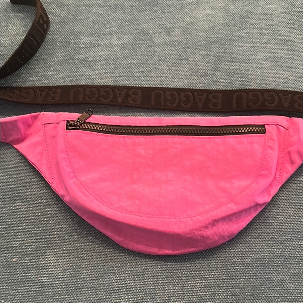BAGGU Hot Pink Mini Belt Bag with Brown Logo Strap